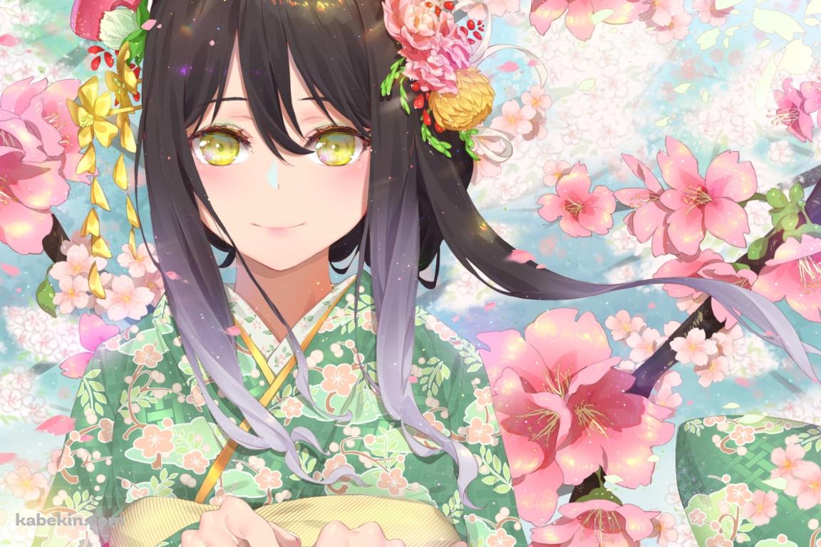 緑の着物を着た可愛いシオリ / ピンクの花びら / プリンセスコネクト!の壁紙(1152px x 768px) 高画質 PC・デスクトップ用