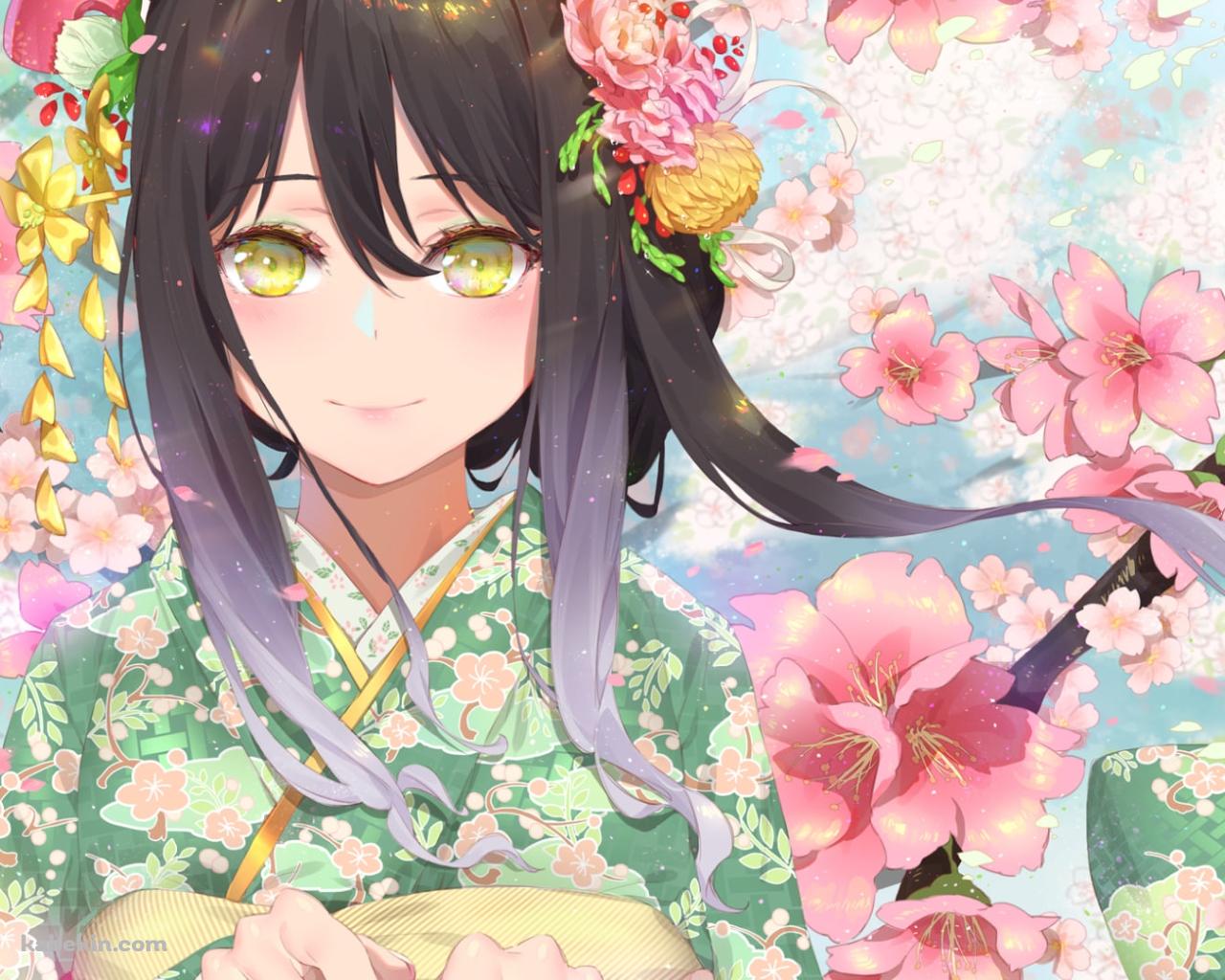 緑の着物を着た可愛いシオリ / ピンクの花びら / プリンセスコネクト!の壁紙(1280px x 1024px) 高画質 PC・デスクトップ用