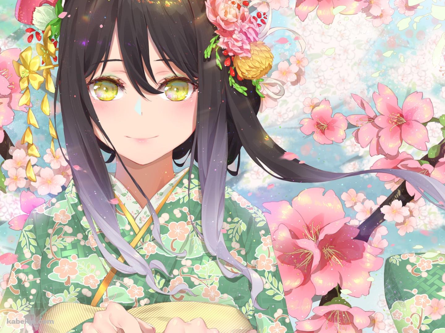 緑の着物を着た可愛いシオリ / ピンクの花びら / プリンセスコネクト!の壁紙(1440px x 1080px) 高画質 PC・デスクトップ用