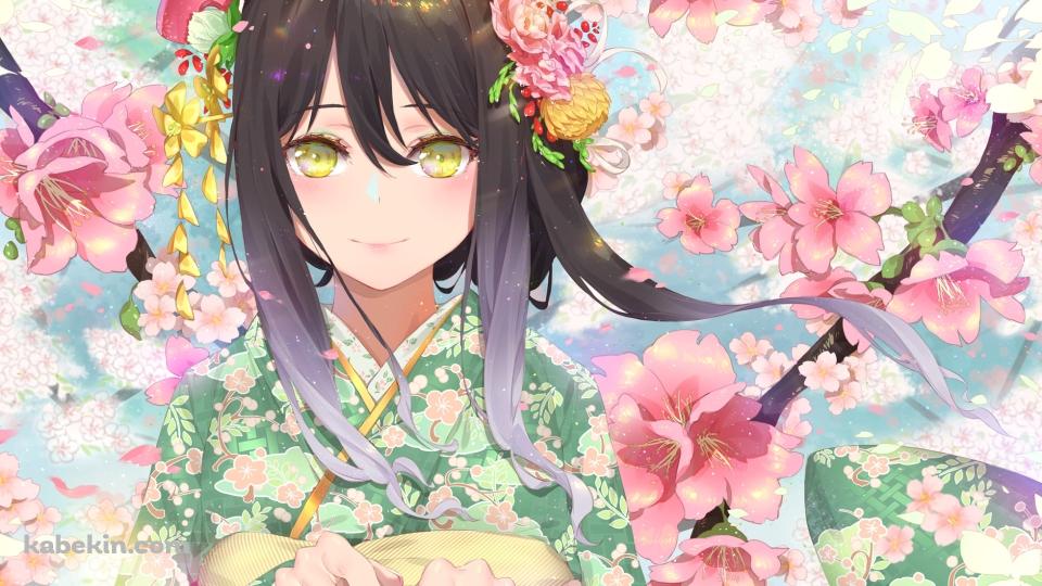緑の着物を着た可愛いシオリ / ピンクの花びら / プリンセスコネクト!の壁紙(960px x 540px) 高画質 PC・デスクトップ用