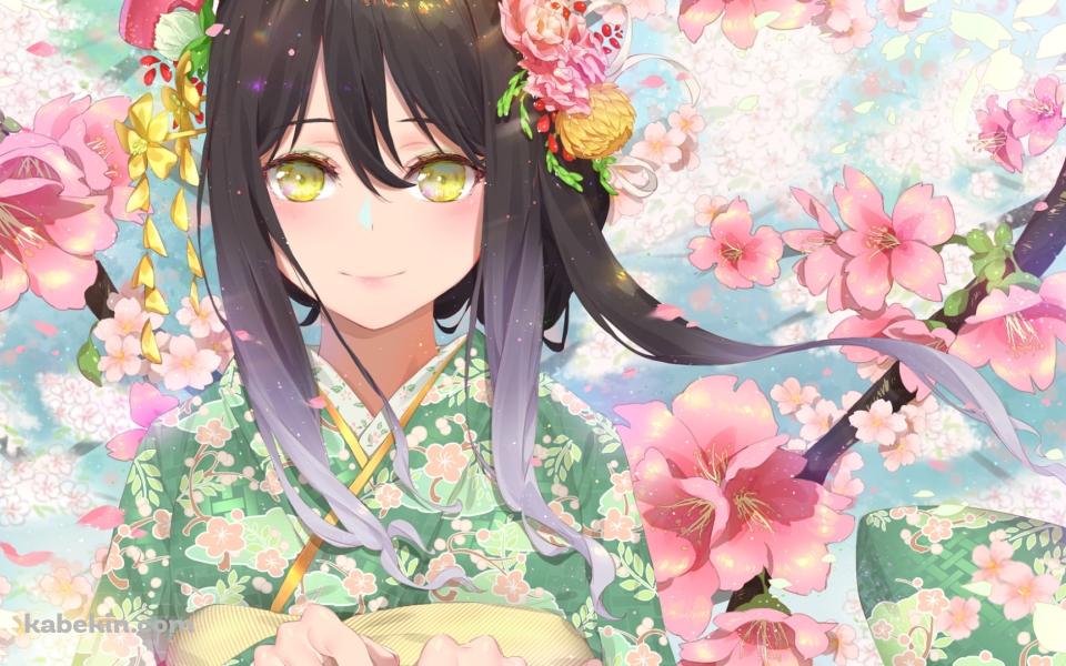緑の着物を着た可愛いシオリ / ピンクの花びら / プリンセスコネクト!の壁紙(960px x 600px) 高画質 PC・デスクトップ用