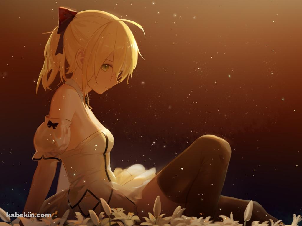 白い百合の花の上に座るセイバー・リリィ / アルトリア・ペンドラゴン / Fate/grand orderの壁紙(1024px x 768px) 高画質 PC・デスクトップ用