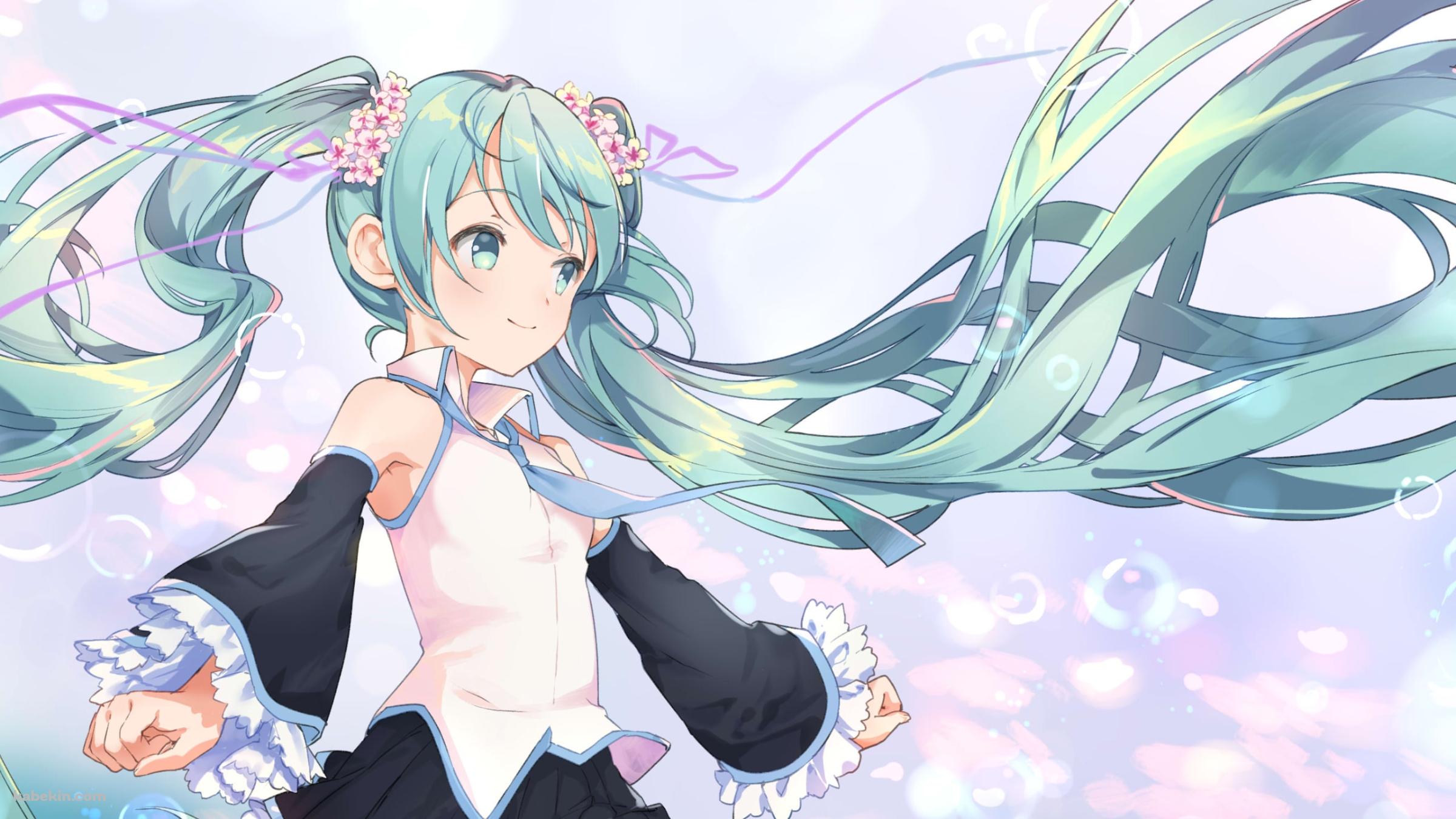 シャボン玉と初音ミク / 花の髪飾り / ボカロ / ボーカロイドの壁紙(2400px x 1350px) 高画質 PC・デスクトップ用
