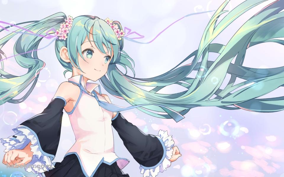 シャボン玉と初音ミク / 花の髪飾り / ボカロ / ボーカロイドの壁紙(960px x 600px) 高画質 PC・デスクトップ用