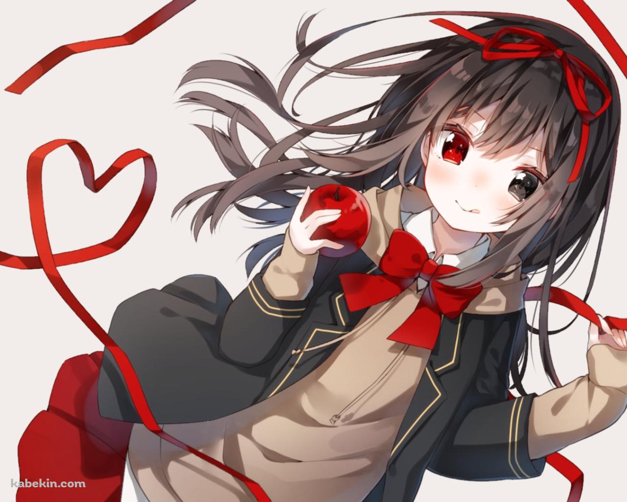 赤いリボンとリンゴを持つオッドアイの少女の壁紙(1280px x 1024px) 高画質 PC・デスクトップ用