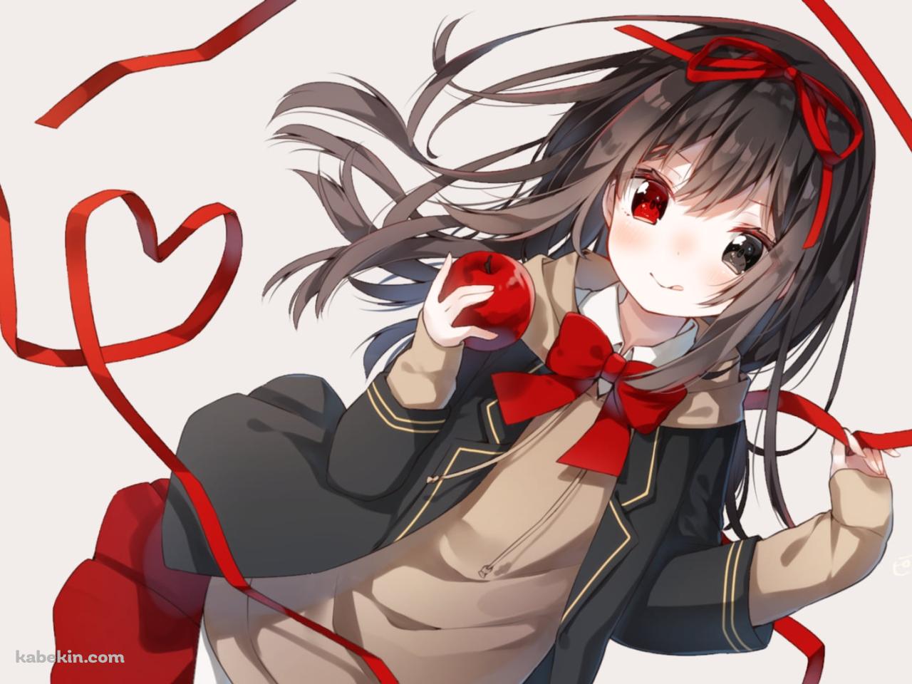 赤いリボンとリンゴを持つオッドアイの少女の壁紙(1280px x 960px) 高画質 PC・デスクトップ用