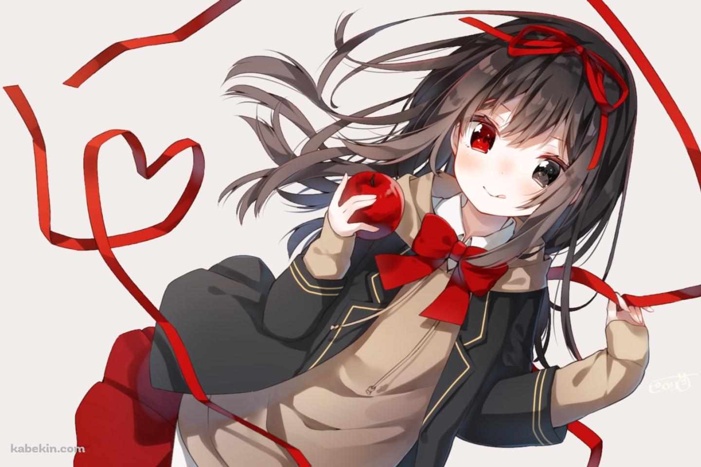 赤いリボンとリンゴを持つオッドアイの少女の壁紙(1440px x 960px) 高画質 PC・デスクトップ用