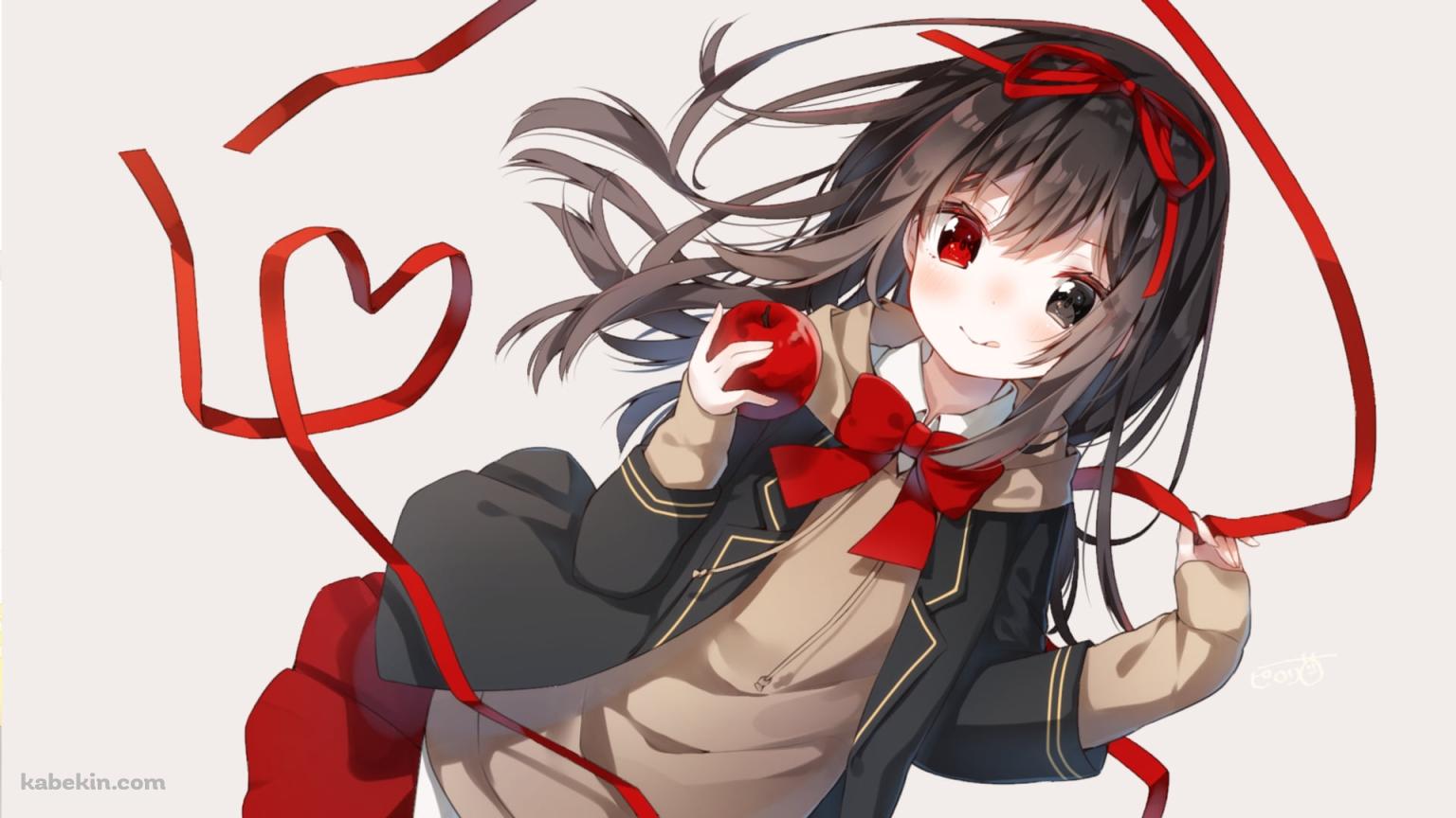 赤いリボンとリンゴを持つオッドアイの少女の壁紙(1536px x 864px) 高画質 PC・デスクトップ用
