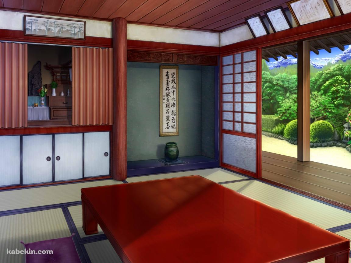 畳みの間 / 掛け軸 / 襖 / 庭園 / 障子 / 茶色いテーブル / 座布団 / 和室の壁紙(1152px x 864px) 高画質 PC・デスクトップ用