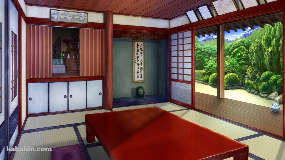 畳みの間 / 掛け軸 / 襖 / 庭園 / 障子 / 茶色いテーブル / 座布団 / 和室の壁紙(960px x 540px) 高画質 PC・デスクトップ用