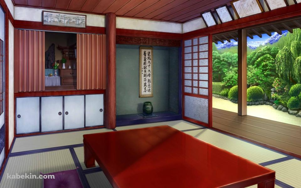 畳みの間 / 掛け軸 / 襖 / 庭園 / 障子 / 茶色いテーブル / 座布団 / 和室の壁紙(960px x 600px) 高画質 PC・デスクトップ用