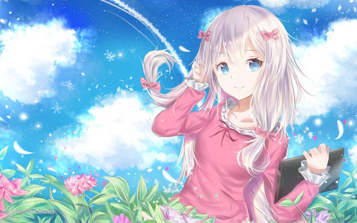 綺麗な花畑に佇む可愛い和泉紗霧(いずみさぎり) / 青空 / 白い羽の壁紙(1152px x 720px) 高画質 PC・デスクトップ用