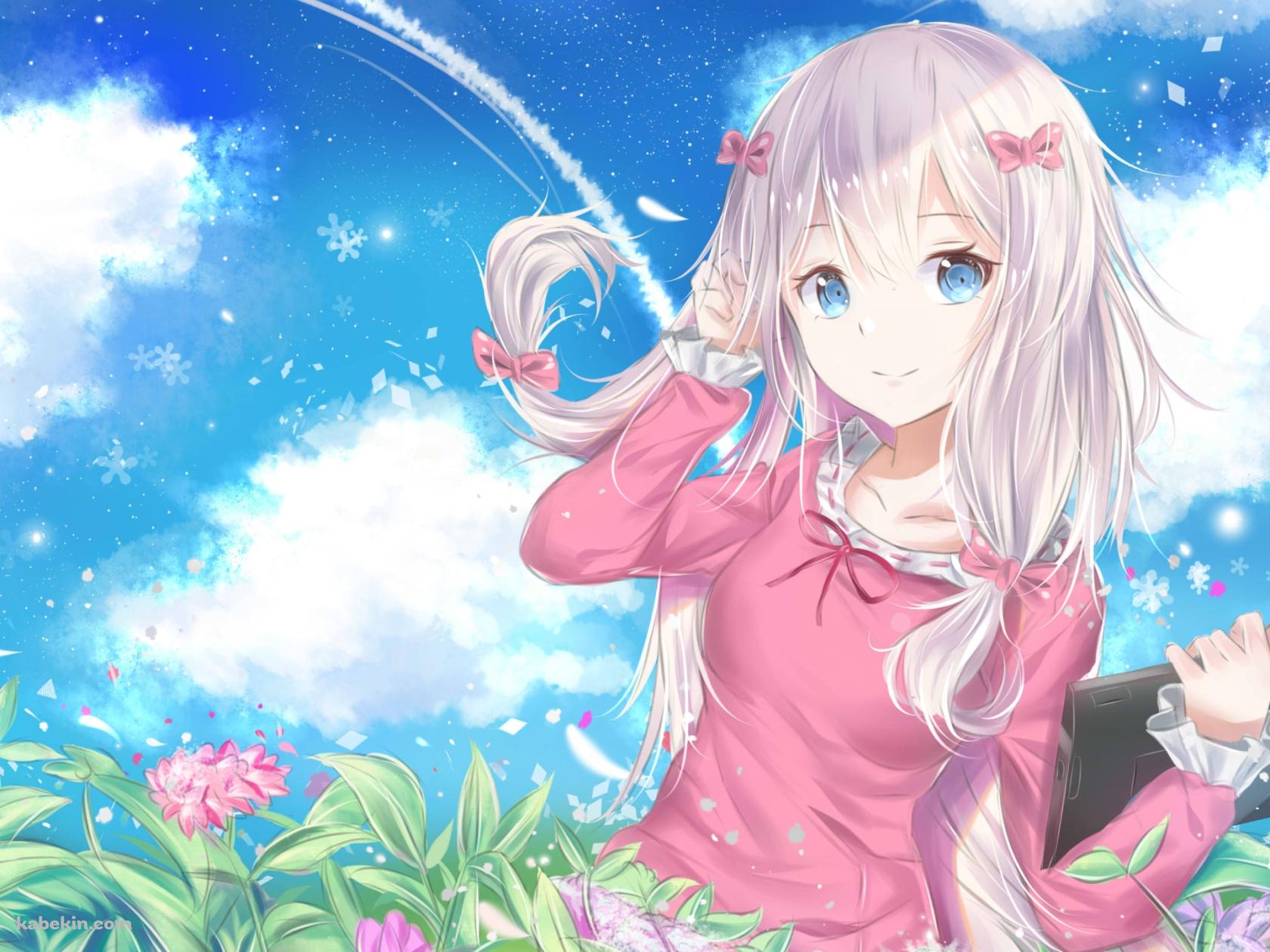 綺麗な花畑に佇む可愛い和泉紗霧(いずみさぎり) / 青空 / 白い羽の壁紙(1680px x 1260px) 高画質 PC・デスクトップ用