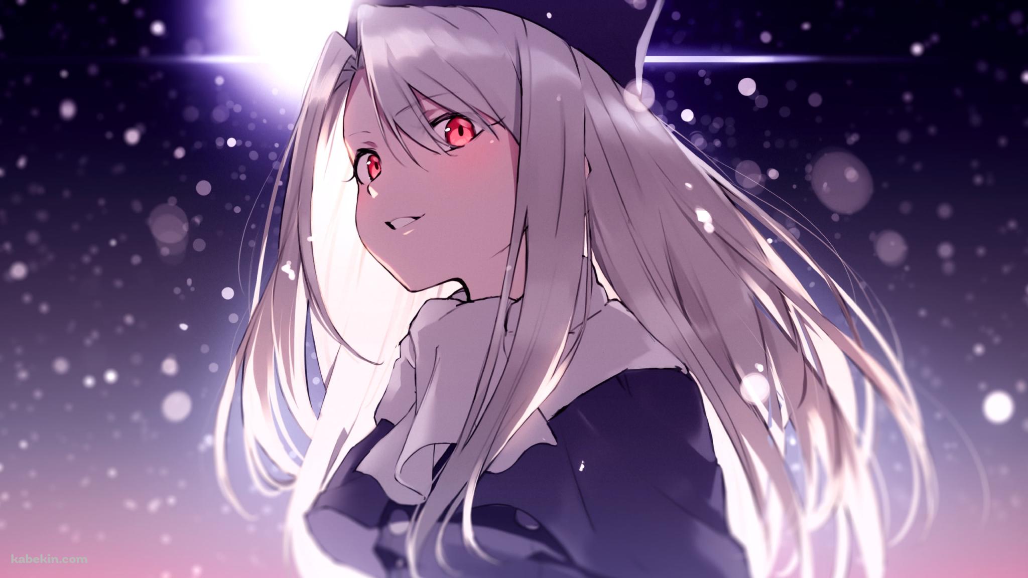 雪が降る中、赤い瞳でこちらを見つめるイリヤスフィール・フォン・アインツベルン / プリズマ☆イリヤ / フェイト/ステイナイトの壁紙(2048px x 1152px) 高画質 PC・デスクトップ用
