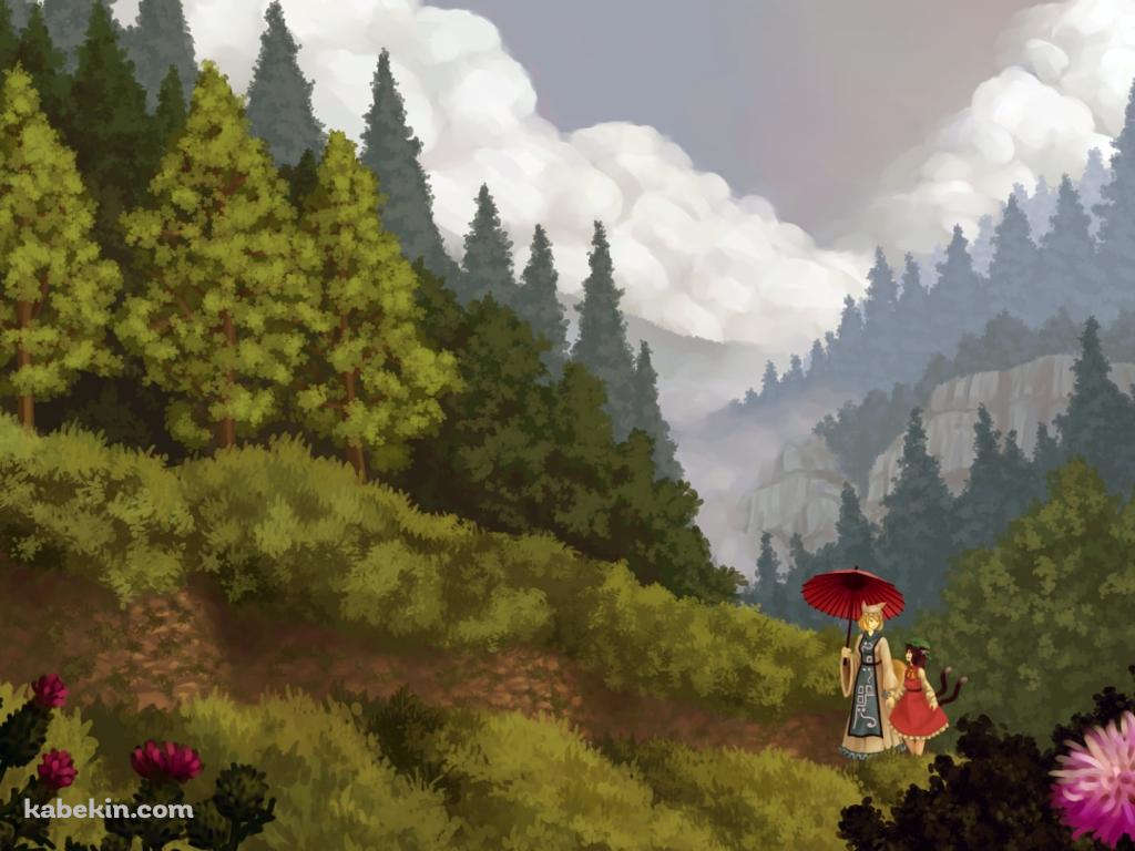 山道を歩く八雲藍と橙 / 東方の壁紙(1024px x 768px) 高画質 PC・デスクトップ用
