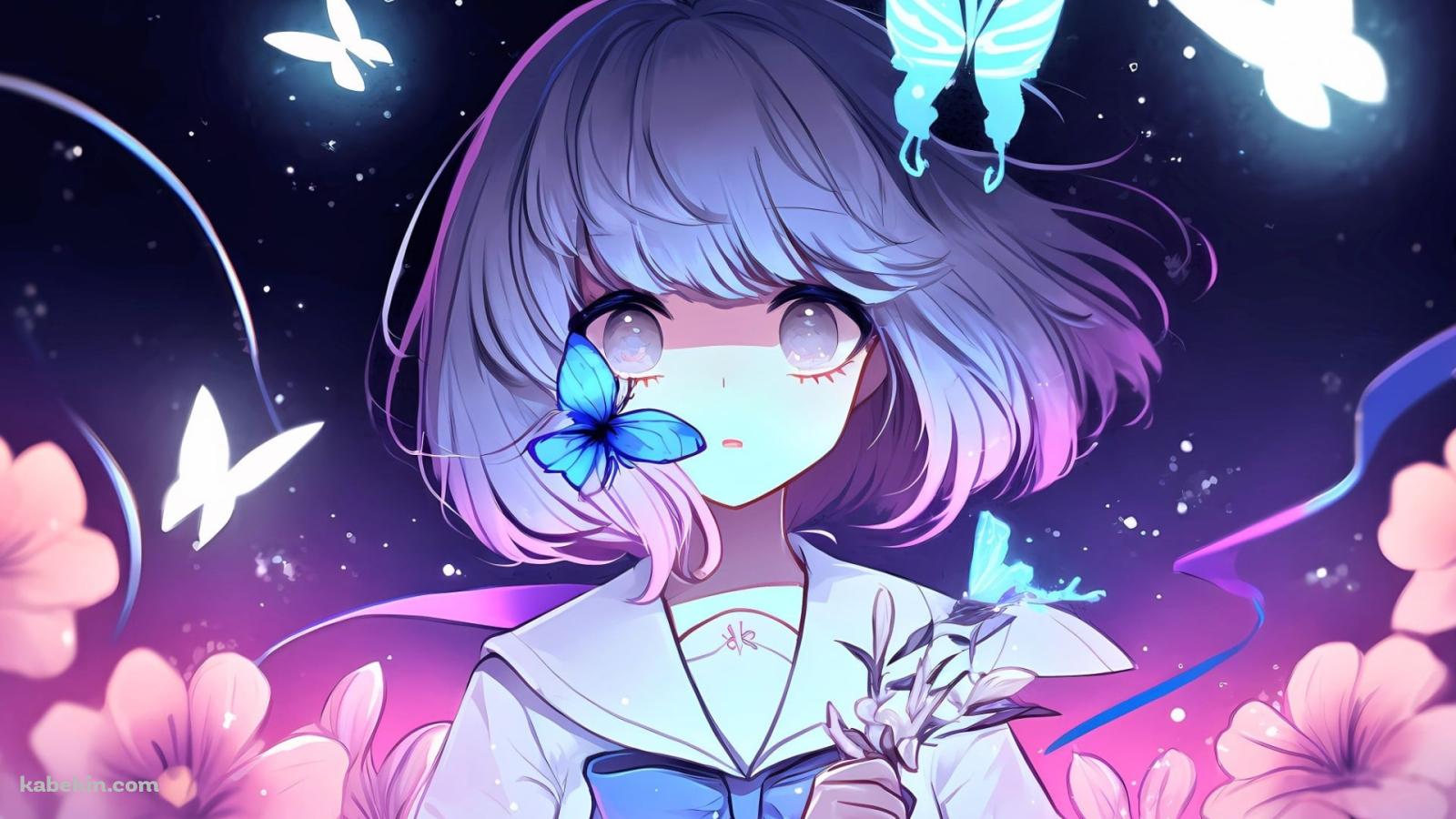 ピンクの花と青い蝶と真っ直ぐこちらを見つめる少女の壁紙(1600px x 900px) 高画質 PC・デスクトップ用