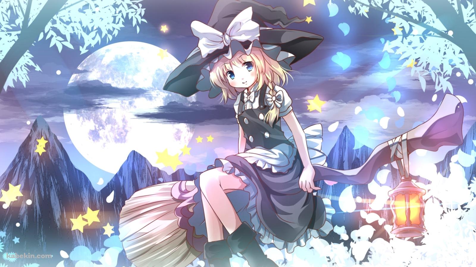 大きなホウキに乗って空を飛ぶ霧雨魔理沙 / 東方の壁紙(1600px x 900px) 高画質 PC・デスクトップ用