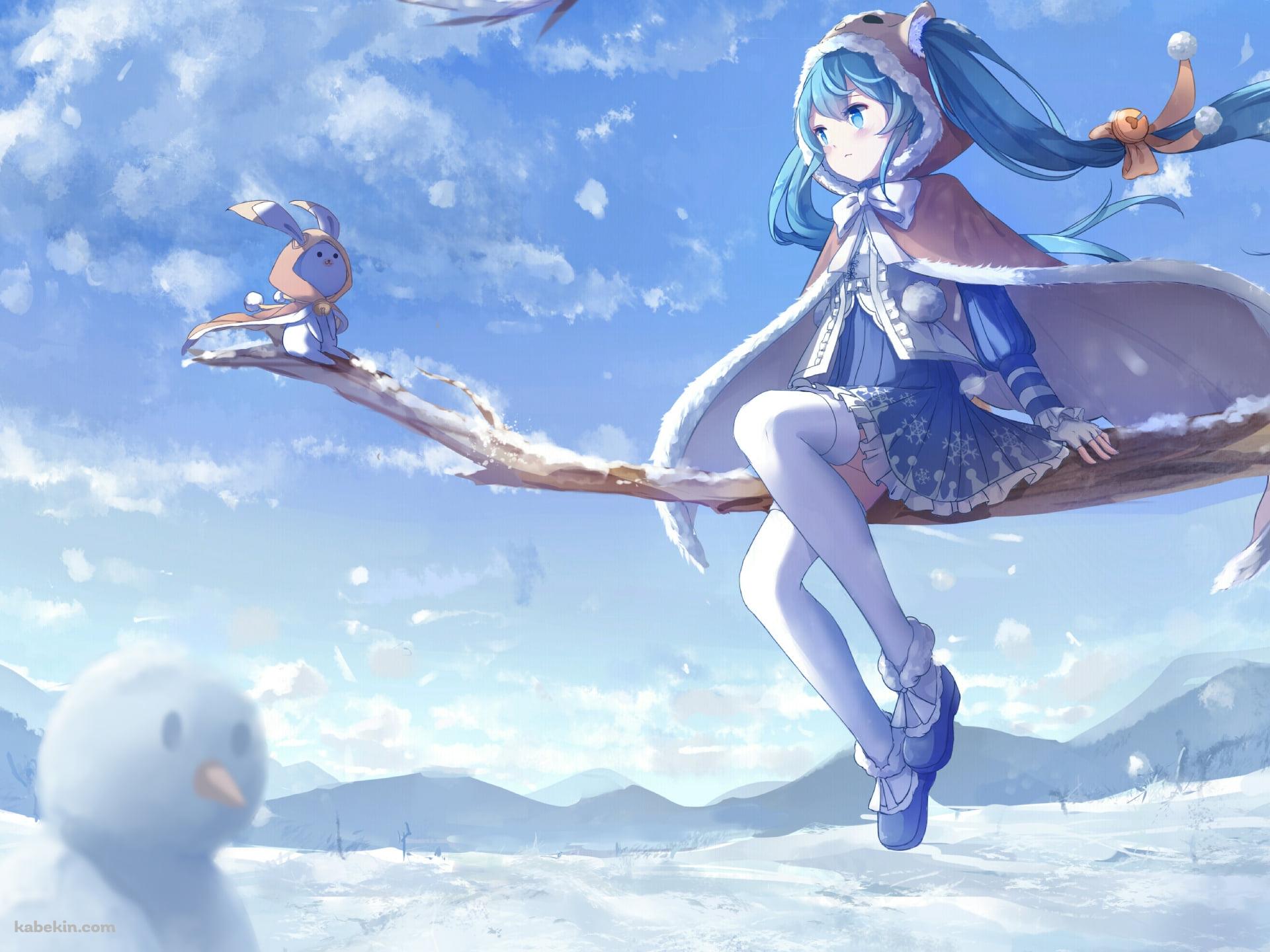 雪がつもった木の上に座る雪ミクとラビット・ユキネ / 初音ミク / ボカロ / ボーカロイドの壁紙(1920px x 1440px) 高画質 PC・デスクトップ用
