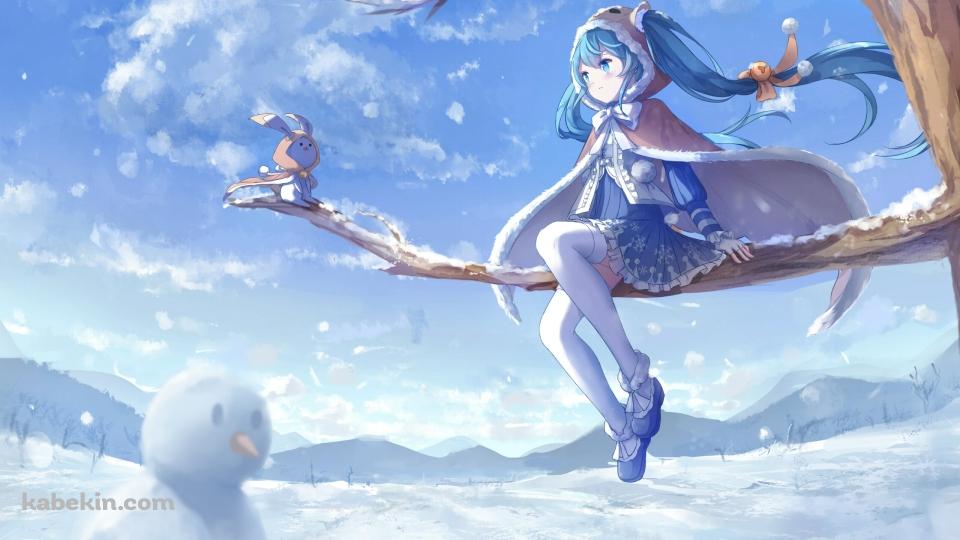 雪がつもった木の上に座る雪ミクとラビット・ユキネ / 初音ミク / ボカロ / ボーカロイドの壁紙(960px x 540px) 高画質 PC・デスクトップ用