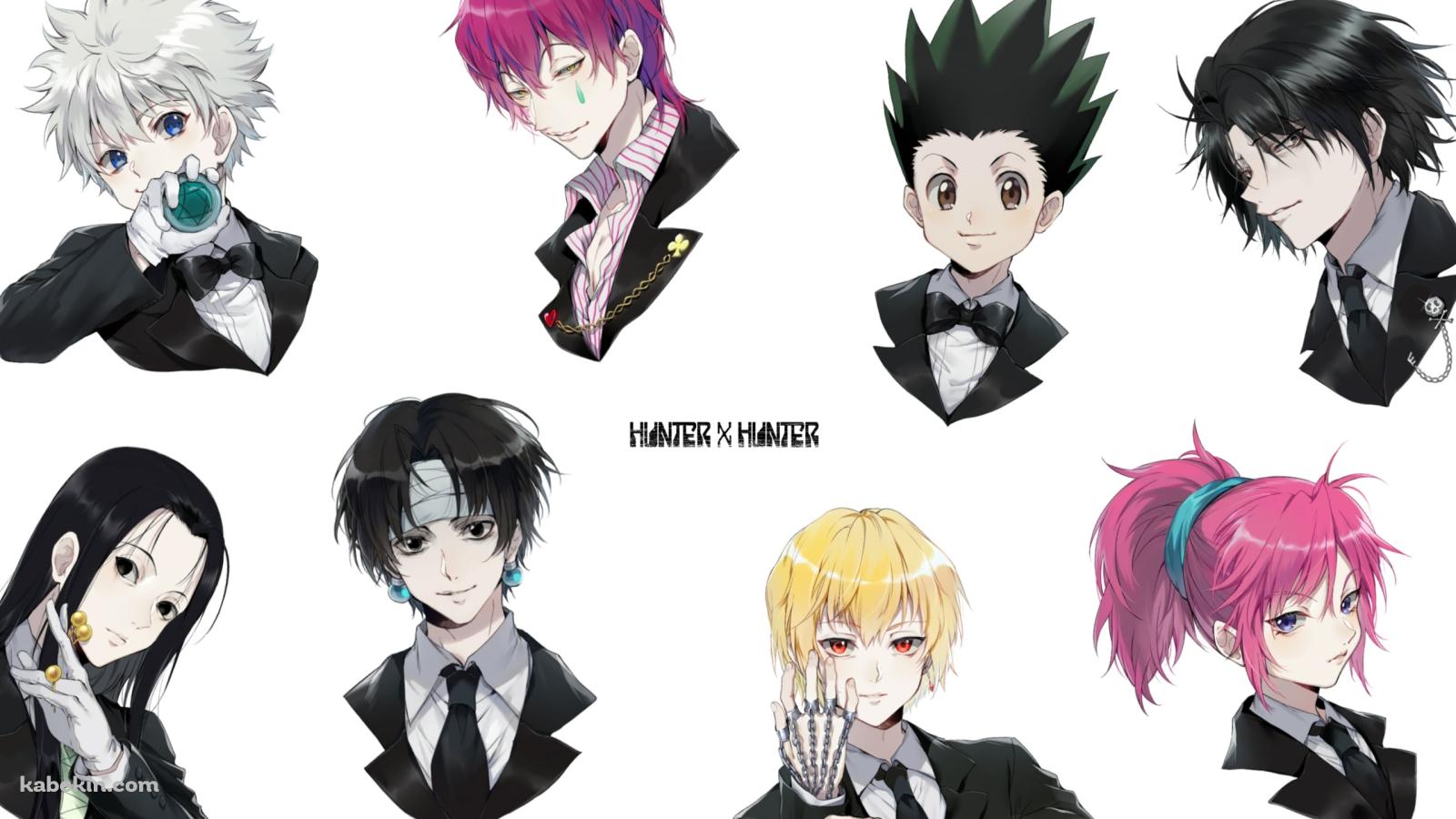 黒いスーツを着たクラピカ / キルア=ゾルディック / ゴン=フリークス / クロロ=ルシルフル / マチ=コマチネ / イルミ=ゾルディック / ヒソカ=モロウ / フェイタン / ハンターxハンターの壁紙(1600px x 900px) 高画質 PC・デスクトップ用