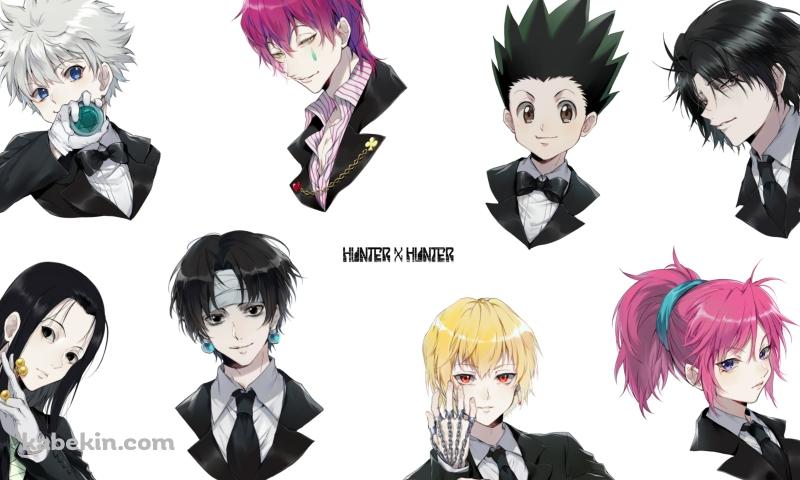 黒いスーツを着たクラピカ / キルア=ゾルディック / ゴン=フリークス / クロロ=ルシルフル / マチ=コマチネ / イルミ=ゾルディック / ヒソカ=モロウ / フェイタン / ハンターxハンターの壁紙(800px x 480px) 高画質 PC・デスクトップ用
