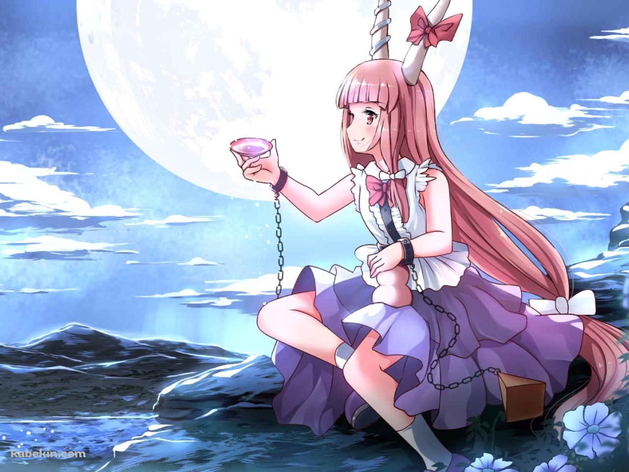 月にむかって盃を差し出す可愛い伊吹萃香（いぶきすいか） / 東方の壁紙(1280px x 960px) 高画質 PC・デスクトップ用