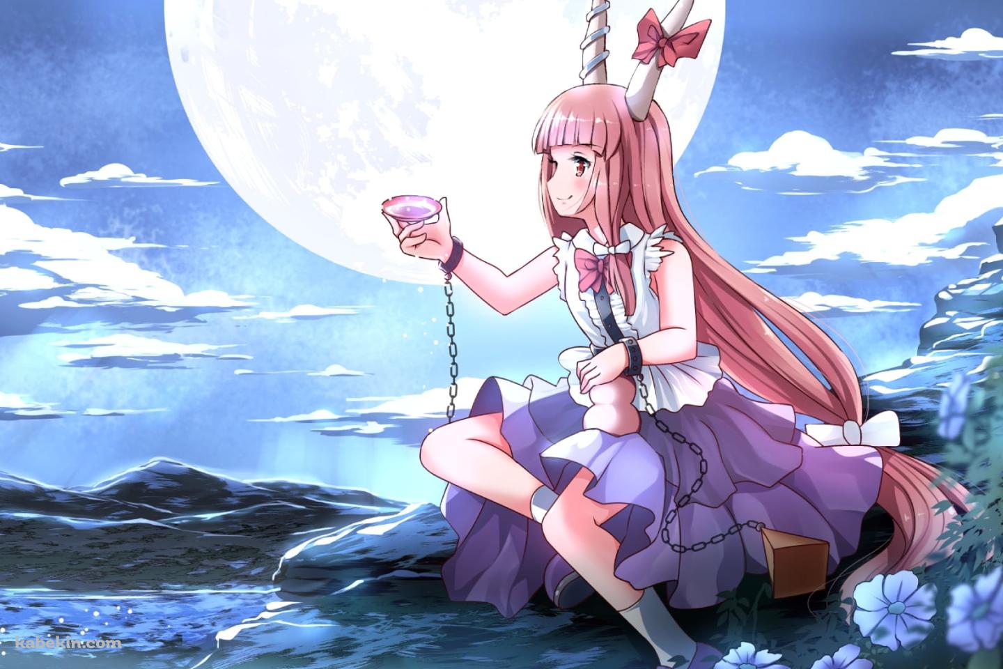 月にむかって盃を差し出す可愛い伊吹萃香（いぶきすいか） / 東方の壁紙(1440px x 960px) 高画質 PC・デスクトップ用