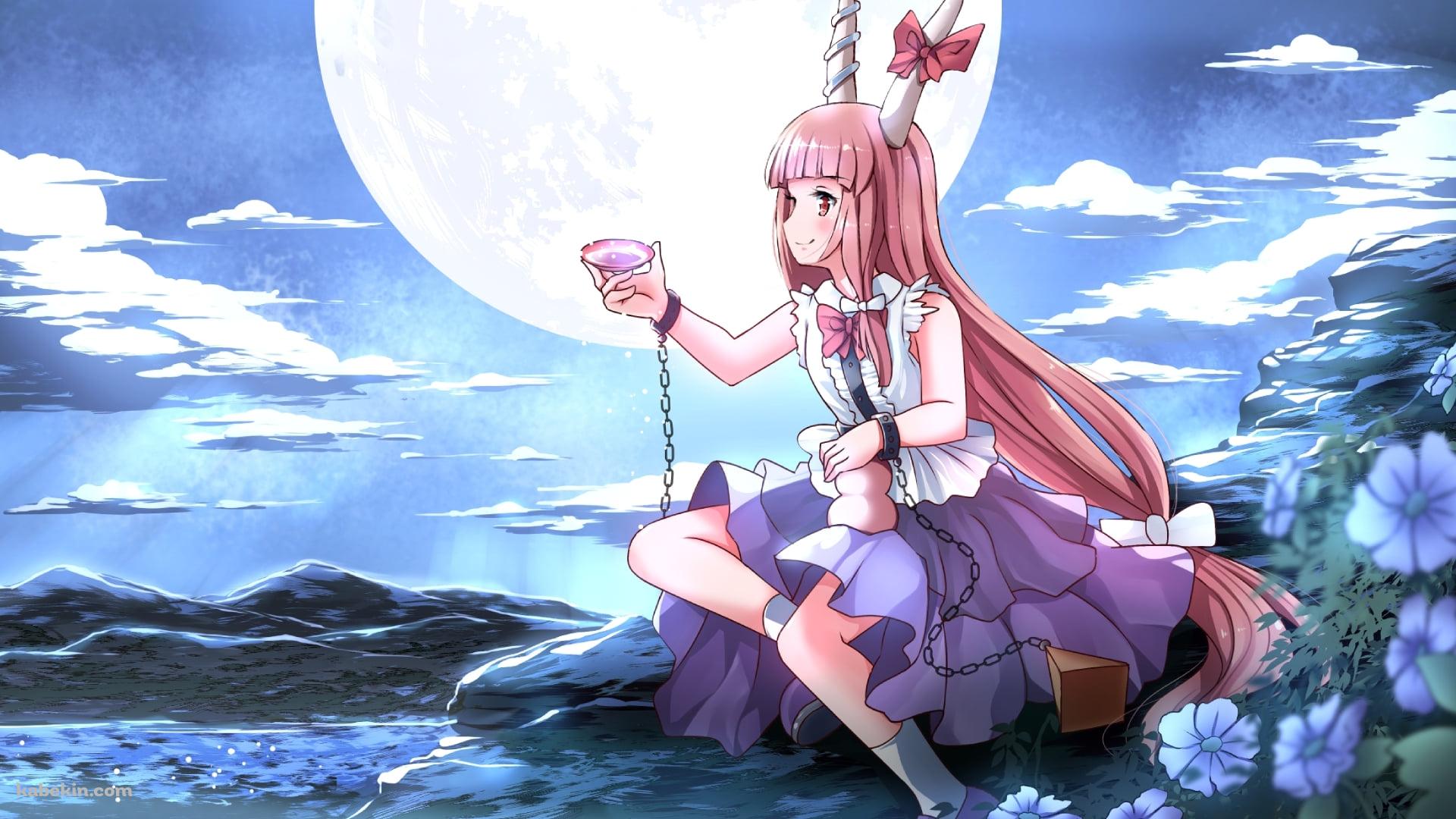 月にむかって盃を差し出す可愛い伊吹萃香（いぶきすいか） / 東方の壁紙(1920px x 1080px) 高画質 PC・デスクトップ用