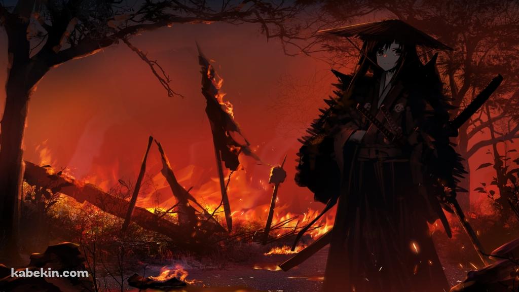 炎に包まれる大地に佇む笠を被った侍 / 野火 / 戦場の壁紙(1024px x 576px) 高画質 PC・デスクトップ用