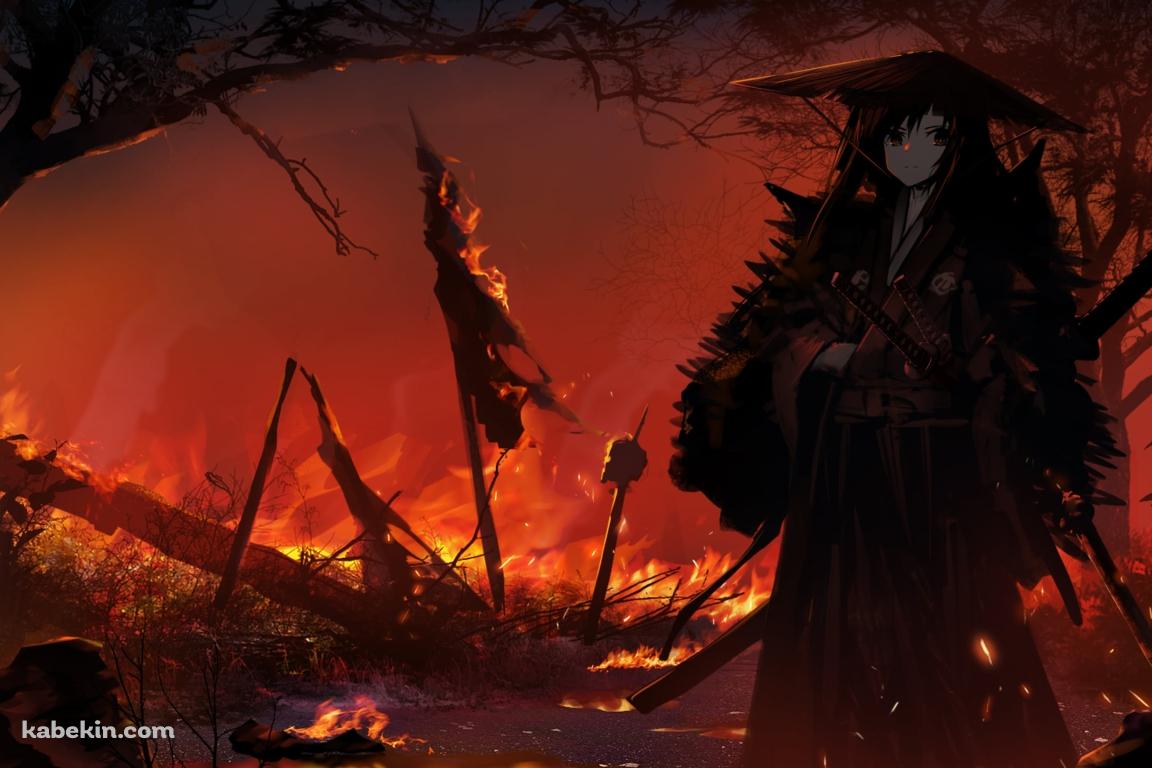 炎に包まれる大地に佇む笠を被った侍 / 野火 / 戦場の壁紙(1152px x 768px) 高画質 PC・デスクトップ用