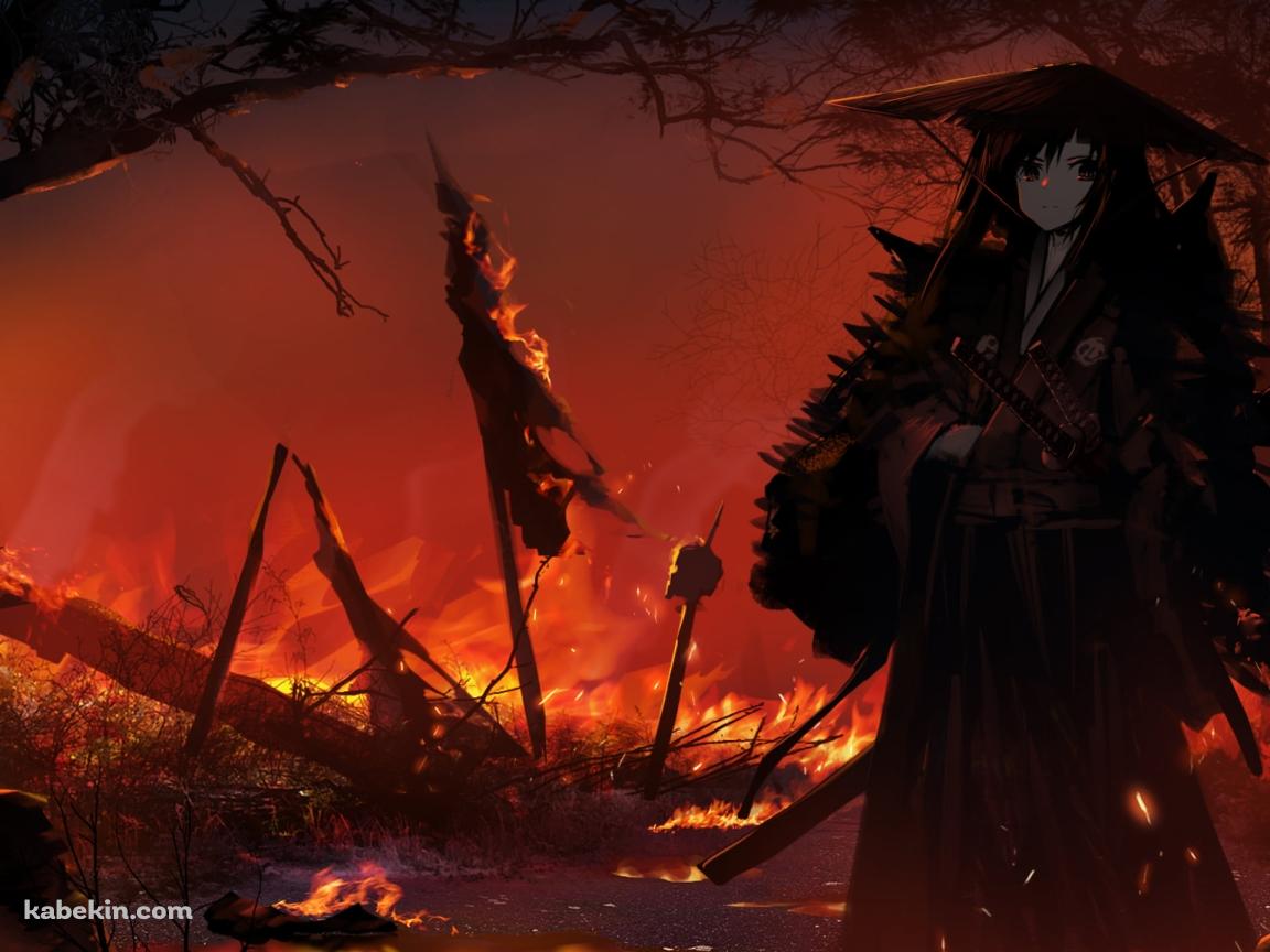 炎に包まれる大地に佇む笠を被った侍 / 野火 / 戦場の壁紙(1152px x 864px) 高画質 PC・デスクトップ用