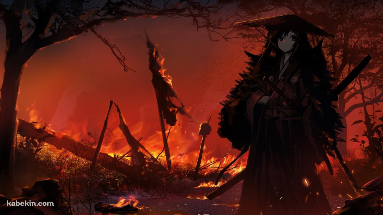 炎に包まれる大地に佇む笠を被った侍 / 野火 / 戦場の壁紙(1242px x 698px) 高画質 PC・デスクトップ用