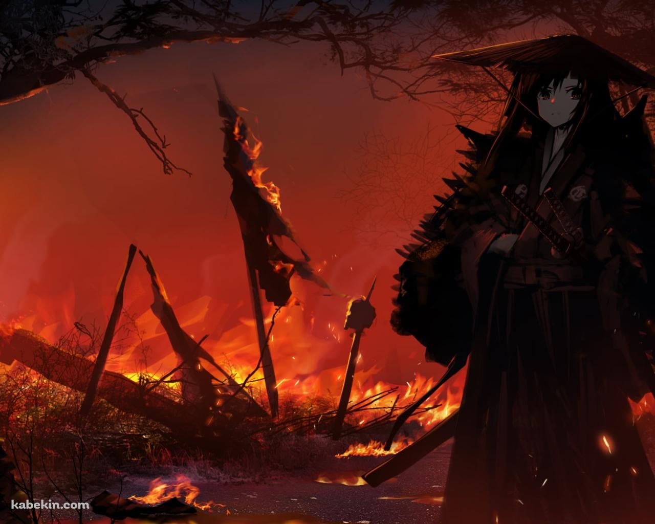 炎に包まれる大地に佇む笠を被った侍 / 野火 / 戦場の壁紙(1280px x 1024px) 高画質 PC・デスクトップ用