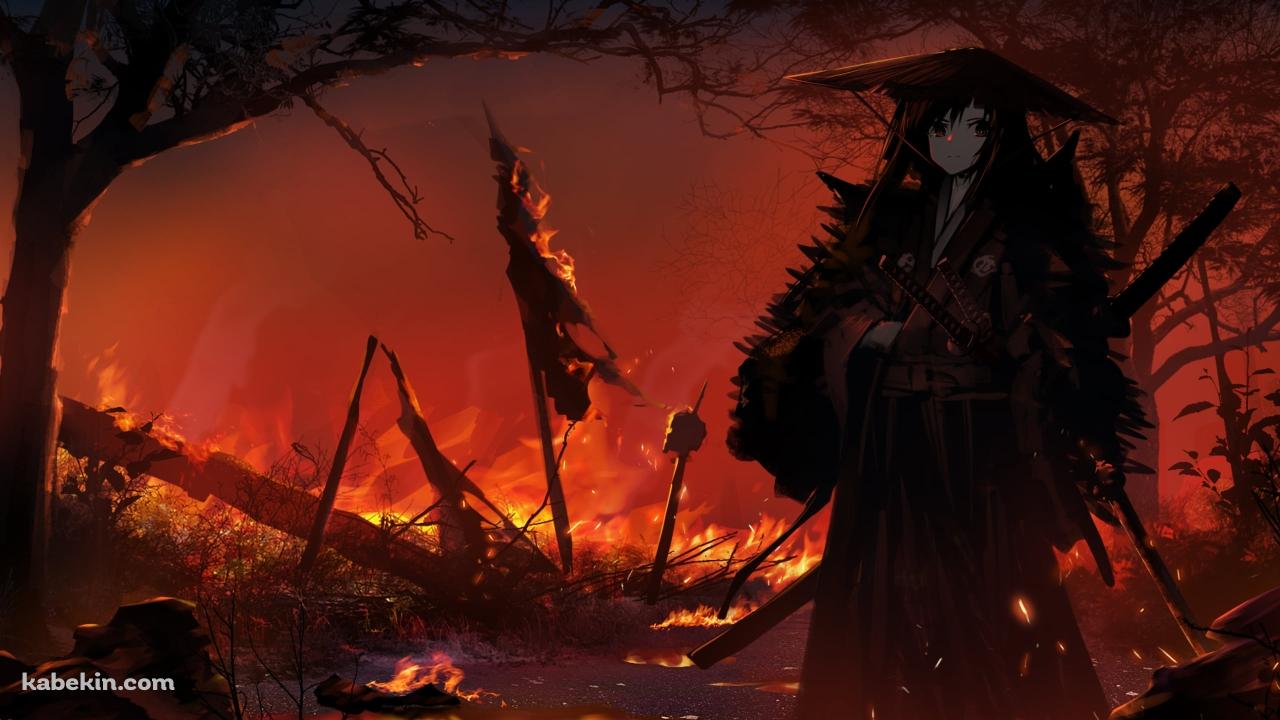 炎に包まれる大地に佇む笠を被った侍 / 野火 / 戦場の壁紙(1280px x 720px) 高画質 PC・デスクトップ用
