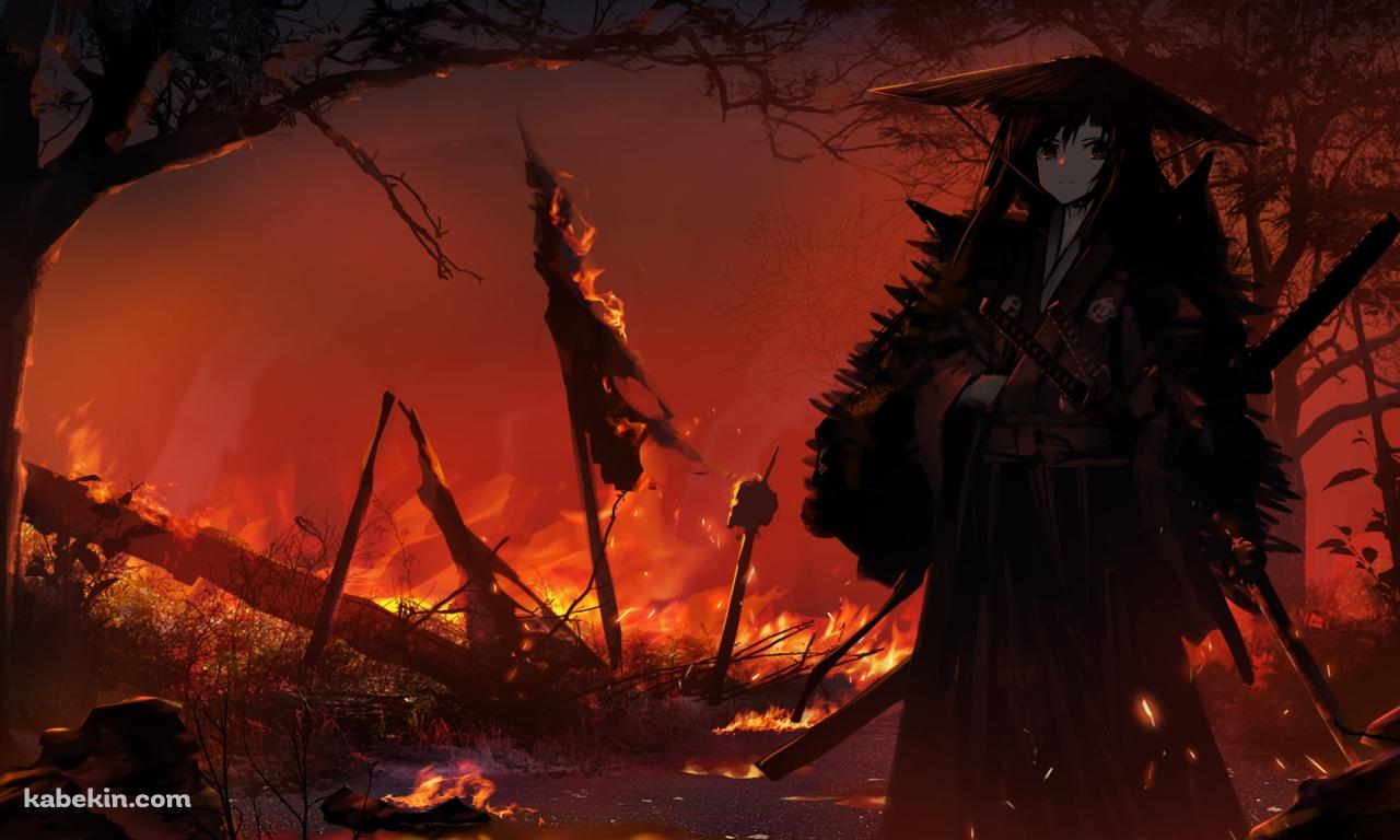 炎に包まれる大地に佇む笠を被った侍 / 野火 / 戦場の壁紙(1280px x 768px) 高画質 PC・デスクトップ用