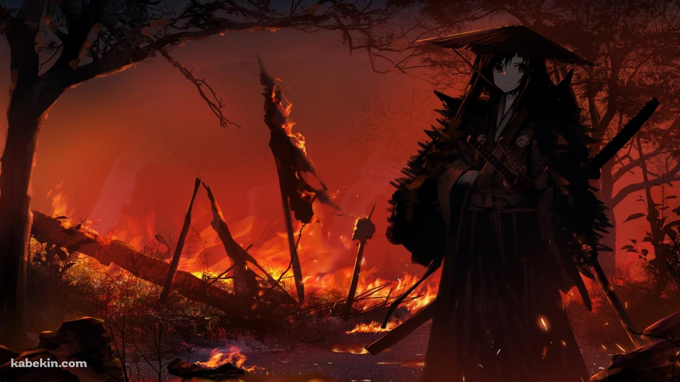 炎に包まれる大地に佇む笠を被った侍 / 野火 / 戦場の壁紙(1366px x 768px) 高画質 PC・デスクトップ用