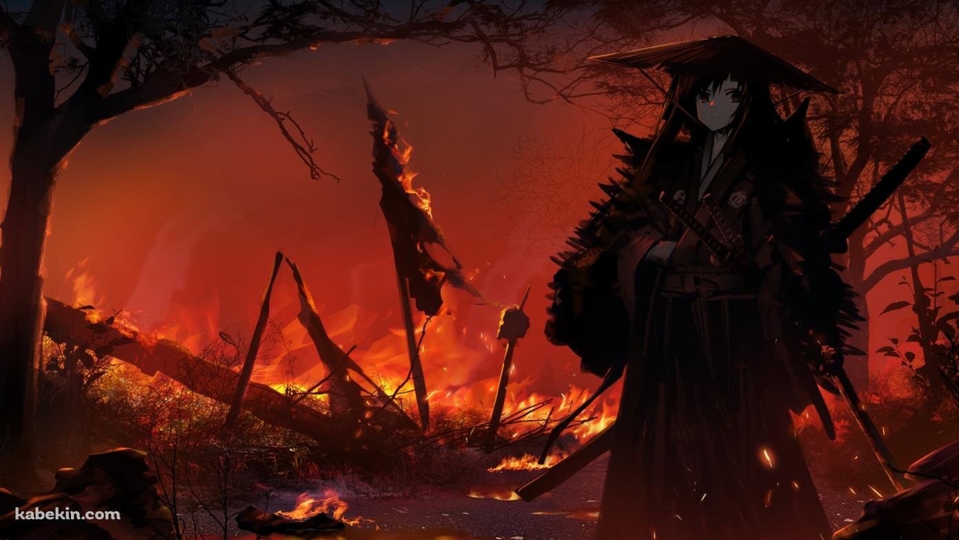 炎に包まれる大地に佇む笠を被った侍 / 野火 / 戦場の壁紙(1391px x 783px) 高画質 PC・デスクトップ用