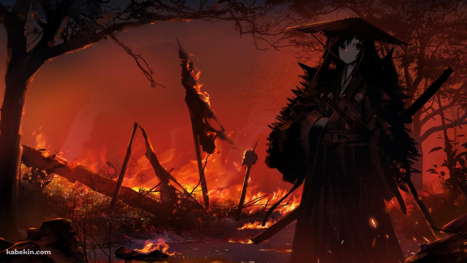炎に包まれる大地に佇む笠を被った侍 / 野火 / 戦場の壁紙(1600px x 900px) 高画質 PC・デスクトップ用