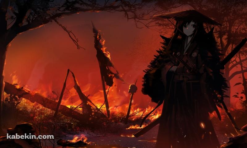 炎に包まれる大地に佇む笠を被った侍 / 野火 / 戦場の壁紙(800px x 480px) 高画質 PC・デスクトップ用