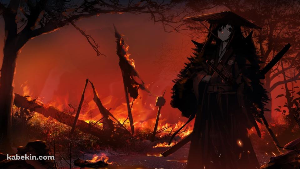 炎に包まれる大地に佇む笠を被った侍 / 野火 / 戦場の壁紙(960px x 540px) 高画質 PC・デスクトップ用
