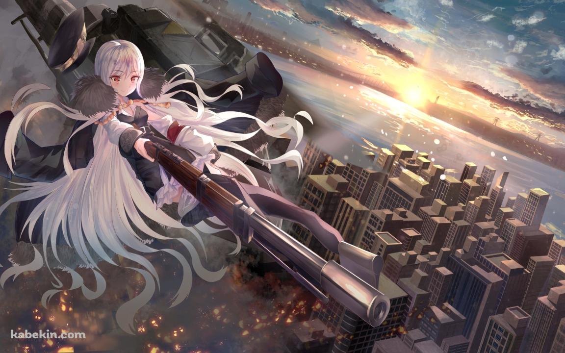 長い銃をかまえるKar98k / ビル群 / 朝日 / ドールズフロントラインの壁紙(1152px x 720px) 高画質 PC・デスクトップ用