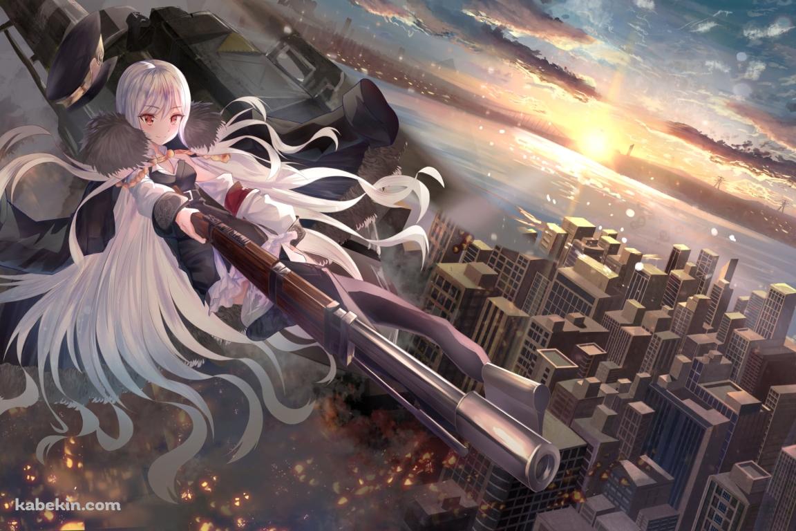長い銃をかまえるKar98k / ビル群 / 朝日 / ドールズフロントラインの壁紙(1152px x 768px) 高画質 PC・デスクトップ用