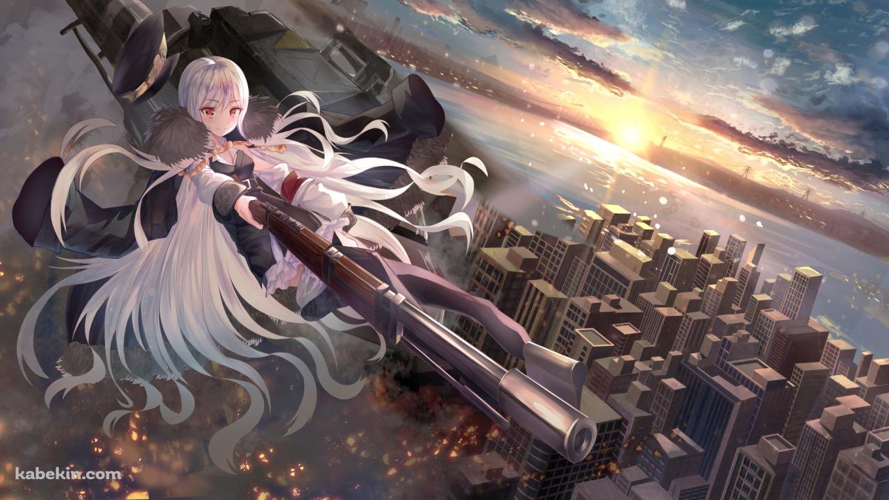 長い銃をかまえるKar98k / ビル群 / 朝日 / ドールズフロントラインの壁紙(1280px x 720px) 高画質 PC・デスクトップ用