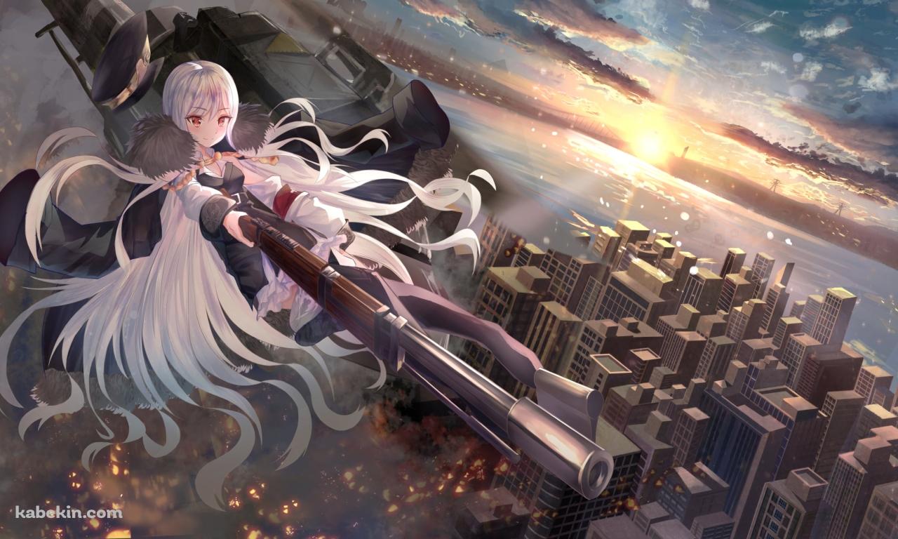 長い銃をかまえるKar98k / ビル群 / 朝日 / ドールズフロントラインの壁紙(1280px x 768px) 高画質 PC・デスクトップ用