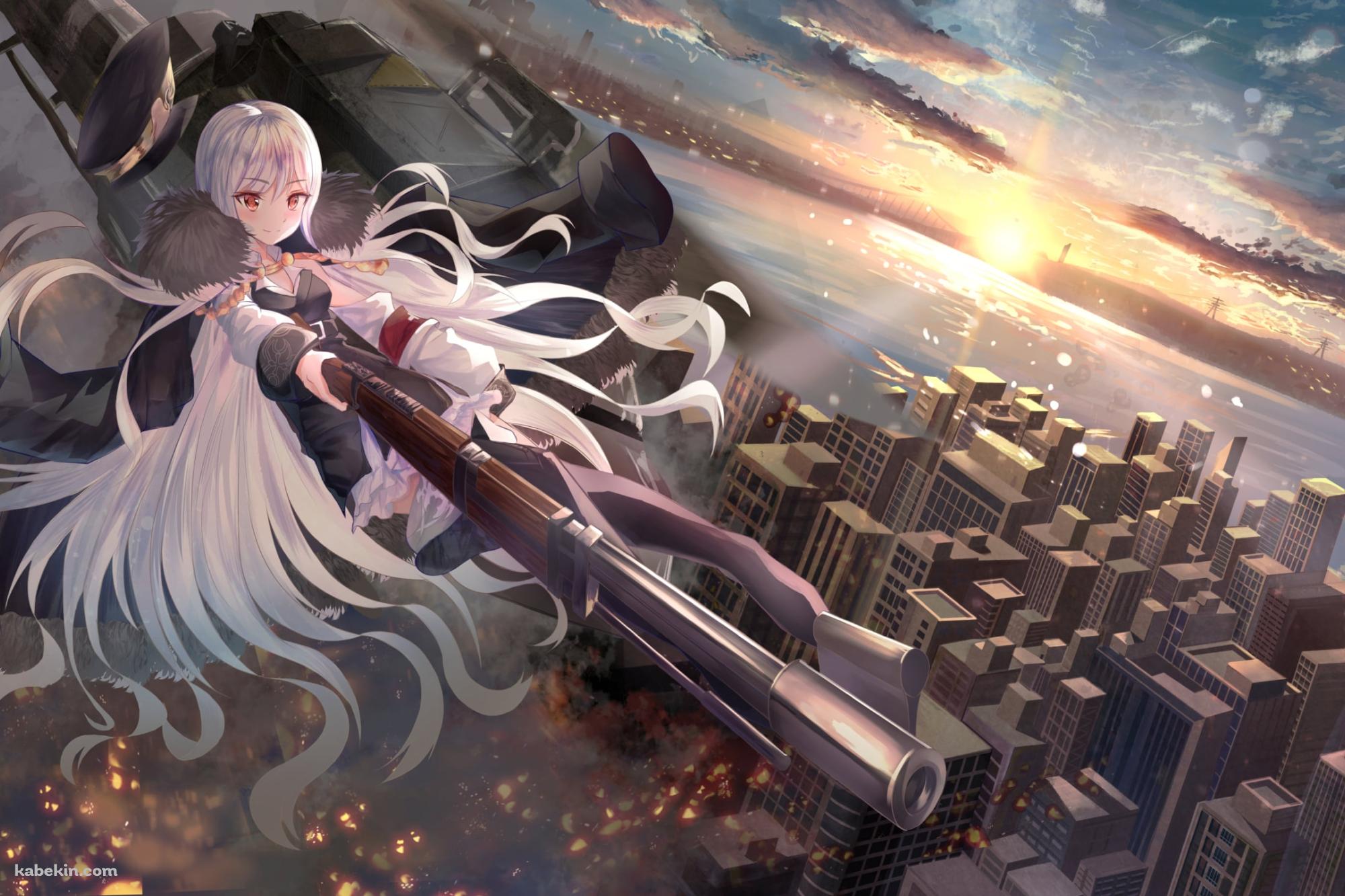 長い銃をかまえるKar98k / ビル群 / 朝日 / ドールズフロントラインの壁紙(2000px x 1333px) 高画質 PC・デスクトップ用