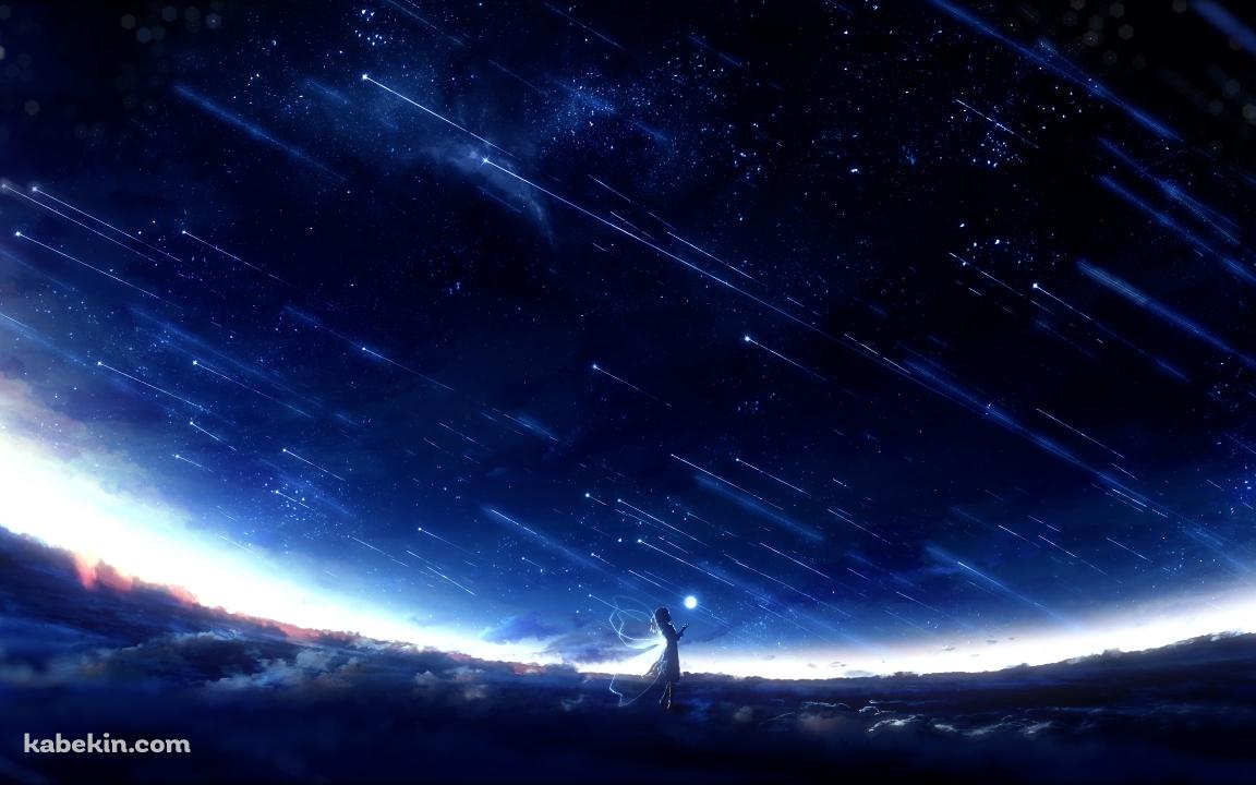 流れる星を見上げる少女 / 青い宇宙の壁紙(1152px x 720px) 高画質 PC・デスクトップ用