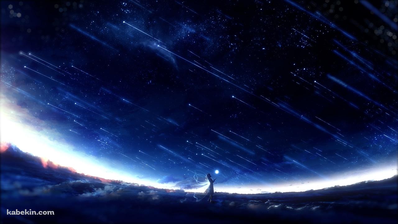 流れる星を見上げる少女 / 青い宇宙の壁紙(1280px x 720px) 高画質 PC・デスクトップ用