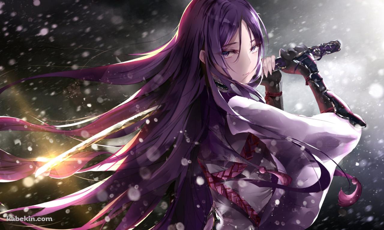 雪が降る中、剣を持つ源頼光 / Fate/grand orderの壁紙(1280px x 768px) 高画質 PC・デスクトップ用