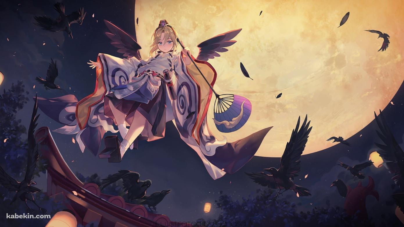 満月と空飛ぶ大天狗 / 黒いカラス / 陰陽師の壁紙(1391px x 783px) 高画質 PC・デスクトップ用