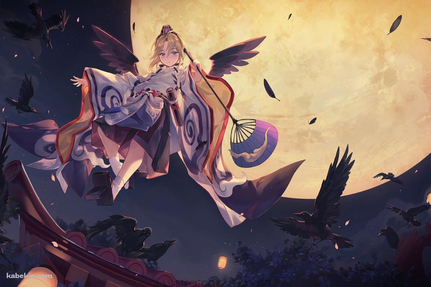 満月と空飛ぶ大天狗 / 黒いカラス / 陰陽師の壁紙(1440px x 960px) 高画質 PC・デスクトップ用